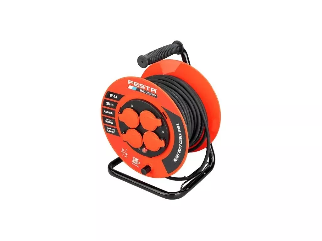 Kabel prodlužovací na bubnu venkovní FESTA INDUSTRY 3x1.5mm 25m 230V max 3680W 4 zásuvky guma IP44