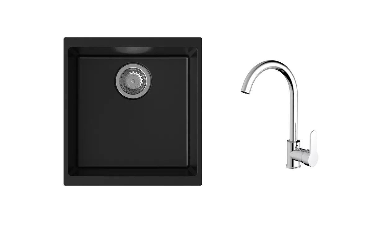 K-StrongSinks S3 Set dřez Hron 430x460mm granit černá + Baterie // - Baterie Seina chrom Strong