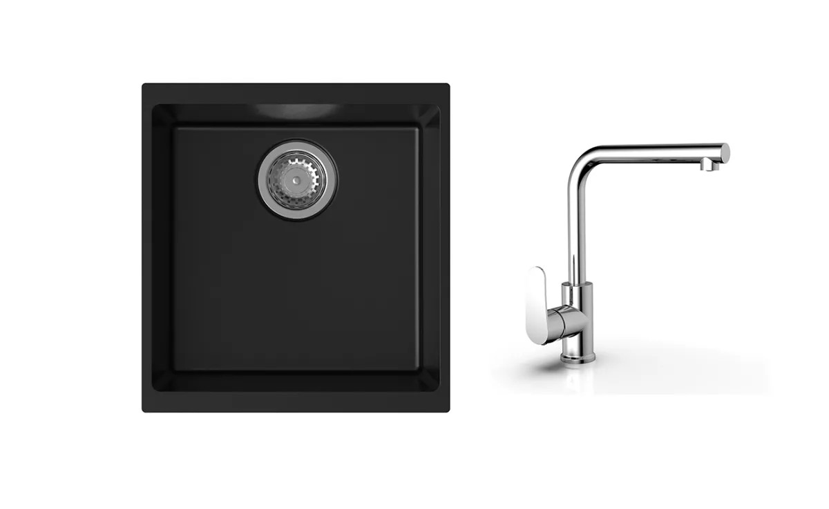 K-StrongSinks S3 Set dřez Hron 430x460mm granit černá + Baterie // - Baterie Stréva chrom Strong