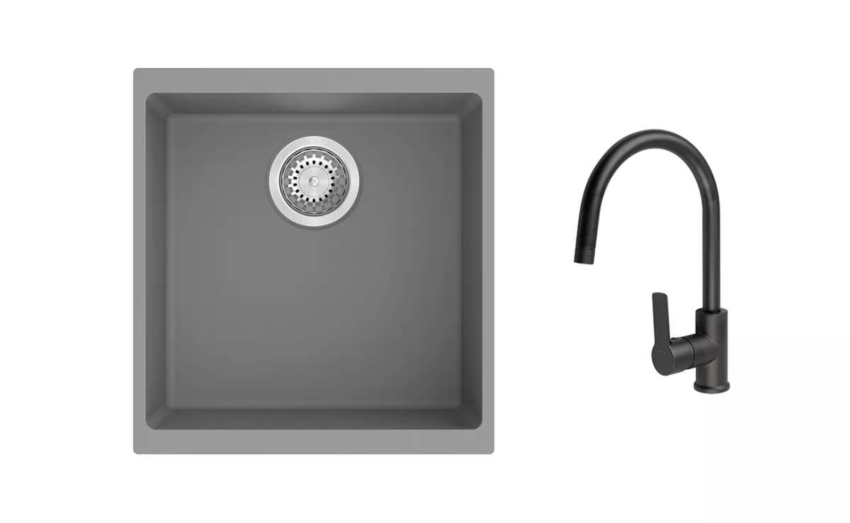 K-StrongSinks S3 Set dřez Hron 430x460mm granit šedá + Baterie // - Baterie Loira černá Strong